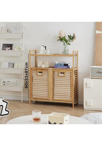 İbico İ21-150 Kalın Bambu Kirli Çamaşır Sepeti 80x33x87 Cm - 2 Bölmeli Önden Çek Aç Organizer Raflı