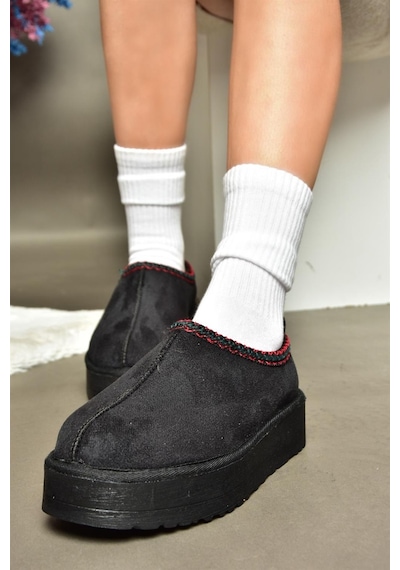 Fox Shoes R612047302 Siyah Süet İçi Tüylü Kalın Tabanlı Kadın Terlik Siyah