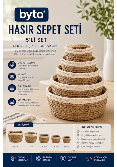5'li Hasır Sepet Seti Doğal El Örgüsü Dekoratif Düzenleyici Organizer Saklama Sepeti 23-21-18-16-13 Cm Kahverengi