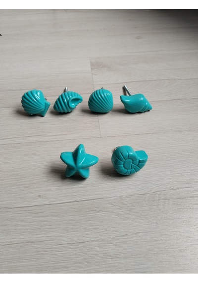 Dafniart 6 Lı Deniz Kabuğu Temalı Dolap Çekmece Kulpu, Turkuaz, 4-5 Cm, 6'lı Set, Yıldız Ve Kabuk Şekilli