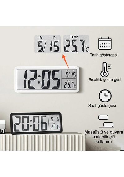 Lcd Dijital Duvar Saati 20x8 Cm Usb & Pilli, Saat Tarih Sıcaklık Gösterimli, Modern Tasarım, Masaüstü & Duvar