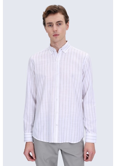 Hatemoğlu Vizon Comfort Fit Çizgili Düğmeli Yaka 100% Pamuk Uzun Kollu Casual Gömlek