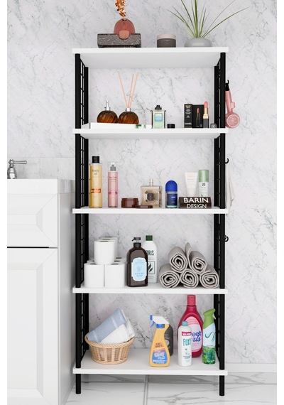 5 Raflı Çevir-kur Raf Ünitesi Telli Metal Gövdeli Organizer Banyo, Mutfak, Balkon, Antre Uyumlu Beyaz