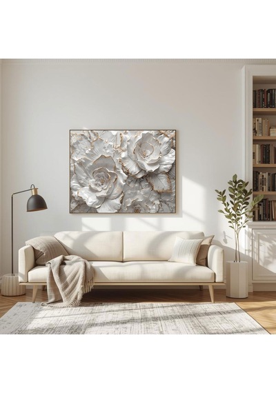 Çiçekli Cam Tablo Beyaz Çiçekler 3d Detaylı Modern Dekoratif Çerçeveli Temperli Yatay