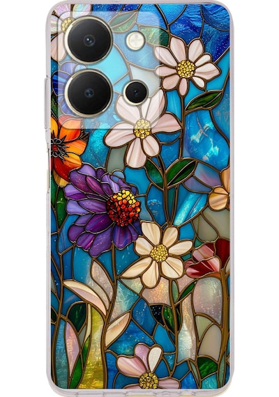 Printify Vivo Y36 İle Uyumlu Vitray Mavi Bahar Tasarımlı Şeffaf Silikon Kılıf Şeffaf