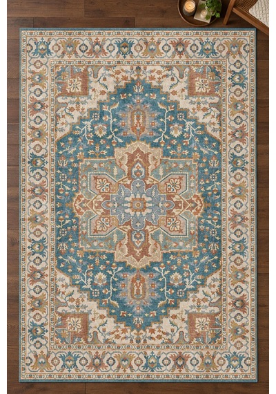 Artloop İstanbul Turkuaz Bej Madalyon Desenli Vintage Dokuma Tabanlı Şönil Halı Al 661 Turkuaz - Bej