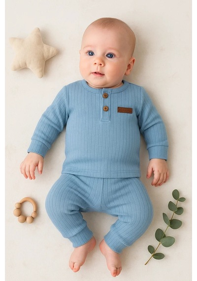 Pekminibebe Çizgili Kumaş % 100 Pamuk 2'li Unisex Takım Mavi