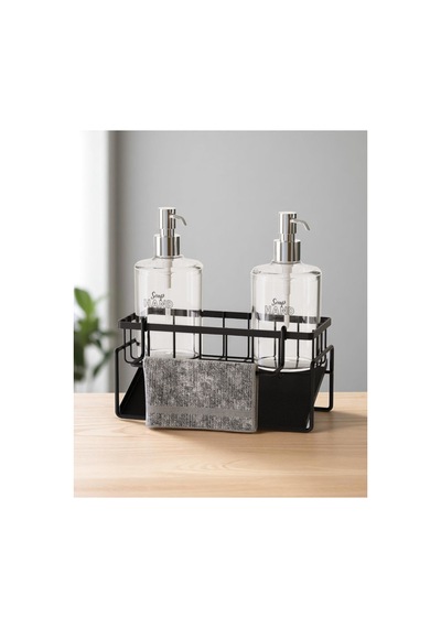 Buççin Online Mağaza Tezgah Üstü Sıvı Sabunluk Ve Süngerlik Organizer + 2 Adet Sıvı Sabunluk İle Set Metal Siyah Çok Renkli