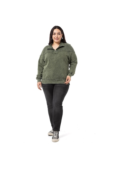Büyük Beden Pis Dikişli Fermuarlı Yırtmaçlı Parça Boyalı Haki Sweatshirt-haki Haki
