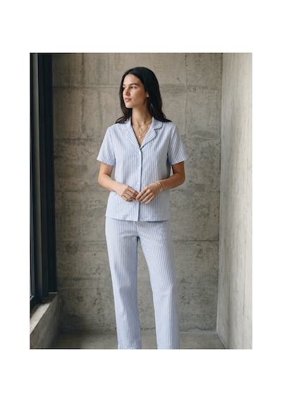 Fit Women V Yaka Düğmeli Casual Mavi Pijama Takımı