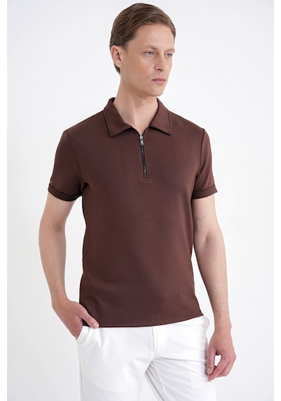 Efor Slim Fit Esnek Pamuklu Fermuarlı Kahverengi Polo Yaka Tişört Ts 926