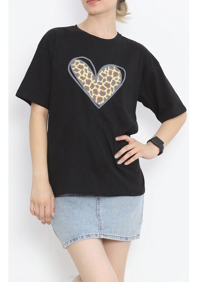 Novalisse 14 Şubat Sevgililer Günü Leopar Kalp Baskılı Oversize Bisiklet Yaka T-shirt - Siyah Çoklu Renk