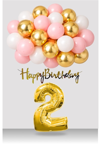 2 Yaş Retro Gold Pembe Beyaz Balon Happy Birthday Banner Gold Rakam Doğum Günü Süsü Çok Renkli