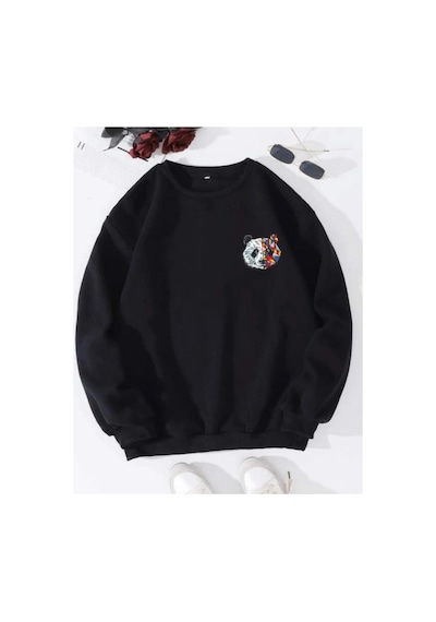 Tarzsokak Siyah Oversize Panda Baskılı Pamuklu 0 Yaka Kapşonsuz Unisex Sweatshirt