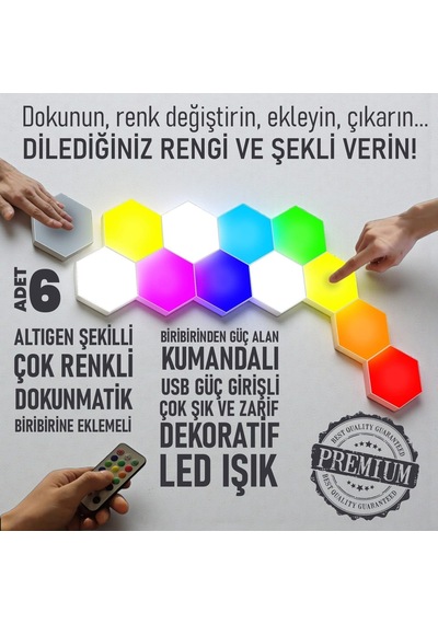 Upway Dokunmatik Çok Renkli Kumandalı Dekoratif Altıgen 6 Lı Led Lamba Seti Çok Renkli