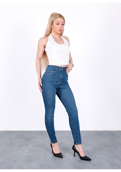 HLT Jeans Kadın Vintage Blue Süper Skinny Fit Esnek Likralı Yüksek Bel Jean Kot Pantolon Jennie-2014 Mavi
