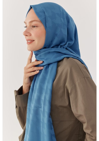 Mirsoy Scarf Kazayağı Desen İpeksi Jakar Şal - Mavi Mavi