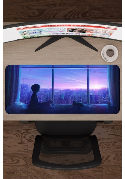 Dijital Kedili Kız V1 70x30 Xl Gaming Kauçuk Kaymaz Taban Mouse Pad Fare Altlığı