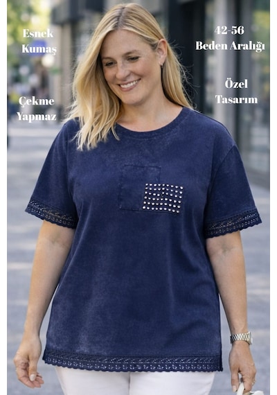 Cedy Denim Cedy - Kadın Özel Tasarım Esnek, Pul Payet, Dantel Detaylı Yıkamalı Büyük Beden Tişört Lacivert Cedy Denim Cedy - Kadın Özel Tasarım Esnek, Pul Payet, Dantel Detaylı Yıkamalı Büyük Beden Tişört Lacivert