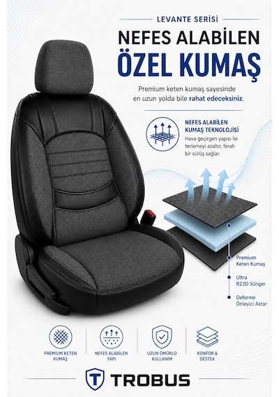 Audi Q5 2010-2017 Uyumlu Levante Serisi 2+1 Ticari Bel Destekli Keten Füme Siyah Koltuk Kılıfı