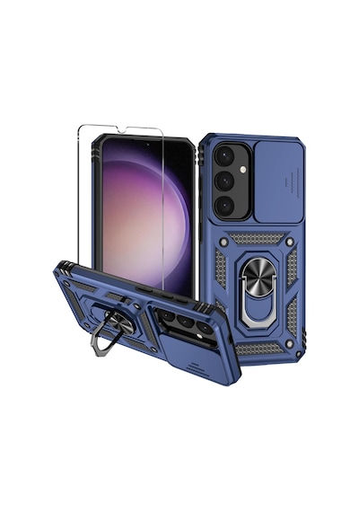 Samsung Galaxy S25 Plus Uyumlu Kamera Sürgülü Tank Kılıf Ve Temperli Cam Ekran Koruyucu Set Lacivert
