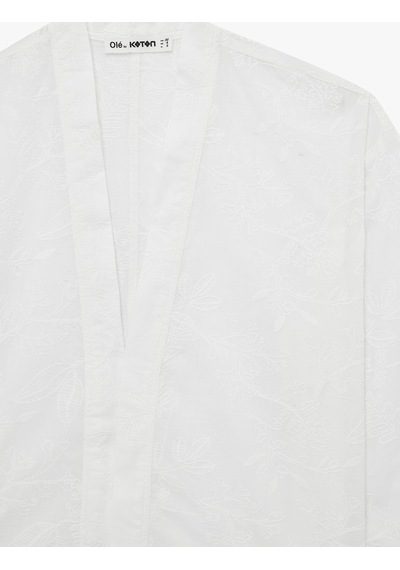 Koton Pamuklu V Yaka 3/4 Kol Nakışlı Kimono Beyaz 6sal50005ıw