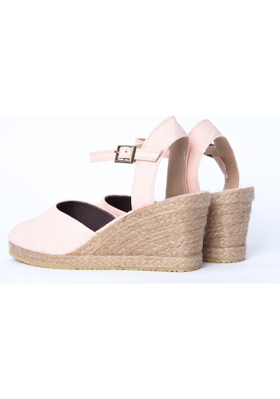 Star Tombis Gerçek Elişi Topuğu Açık Bilekten Bantlı Dolgu Topuk Pembe Keten Hasır Espadril Handmade Pembe