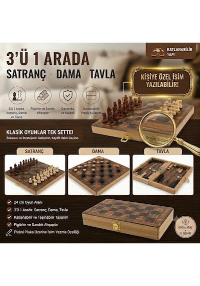 Kişiye Özel İsim Yazılabilir Lüks Ahşap 3ü 1 Arada Satranç Dama Tavla Seti Katlanabilir Kilitli 24cm