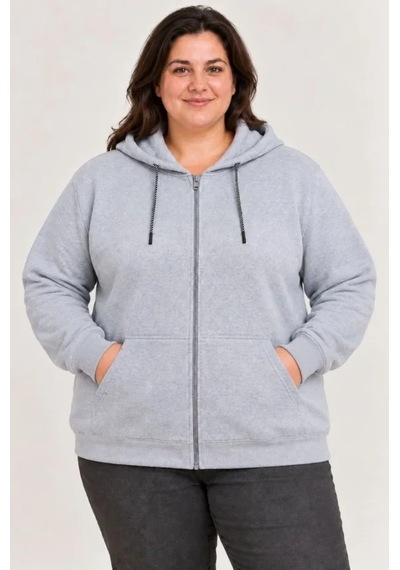 N11 Battal Büyük Beden Üç İplik İçi Şardonlu Kapüşonlu Tam Fermuarlı Kışlık Sweatshirt - Gri