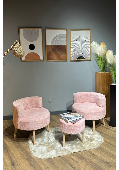 Elegant Comfort Pamuk Şeker Pembesi Çay Seti Ve Peluş Ikili Berjer & Puf Takımı - 3'lü Set