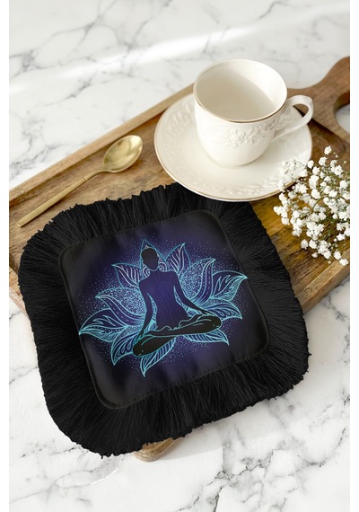 Lotus Enerji Saçaklı Sunum Peçetesi - Meditasyon Bohem Siyah Mavi Tasarımlı Bardak Altlığı Mendil Çok Renkli