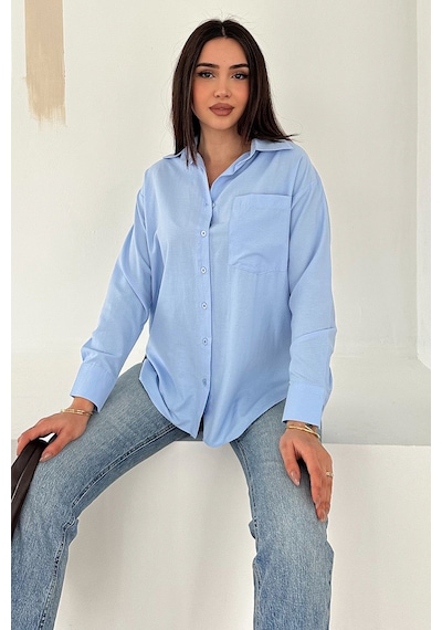 Kadın Cepli Klasik Gömlek Blue Tone Mavi