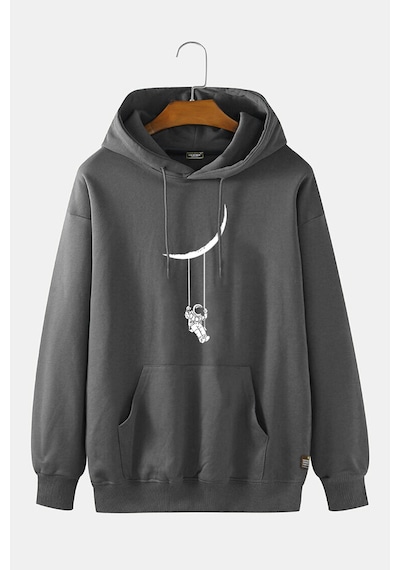 Unisex Antrasit Kapüşonlu Salıncak Baskılı Slim Fit Kanguru Cepli Sweatshirt Antrasit