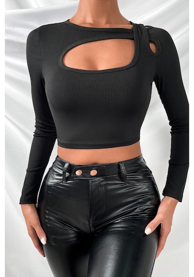 Fantezia Night Kadın Siyah Göğüs Dekolteli Çapraz Askılı Uzun Kollu Crop Top Bluz