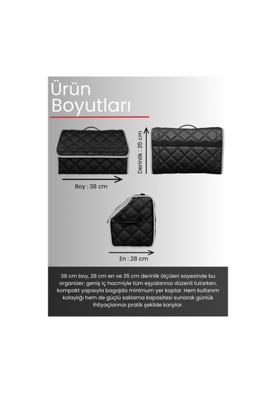 Deri Araç Bagaj Düzenleyici Organizer Kaymaz Cırt Bantlı Geniş Hacimli Çanta Siyah - Gri Kenarlı