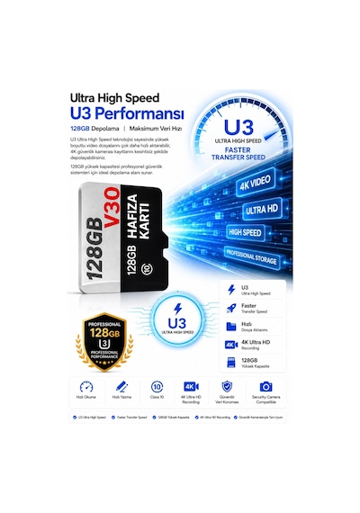 128 Gb Hafıza Kartı Faster Transfer Speed Class 10 4k Video Kayıt V30 Güvenlik Kamera Uyumlu