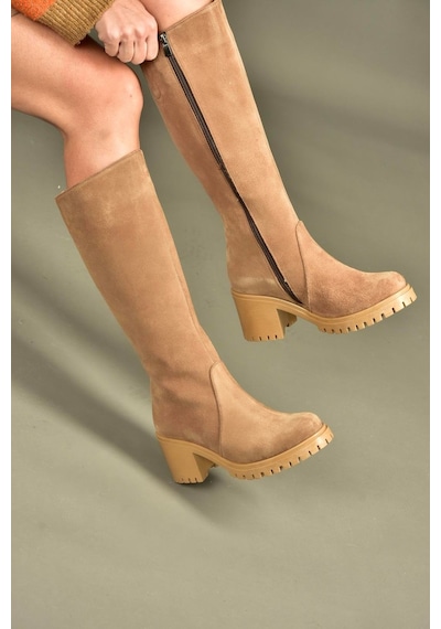 Fox Shoes R654047702 Taba/kahverengi Hakiki Deri Süet Kalın Topuklu Kadın Çizme Kahverengi - Taba