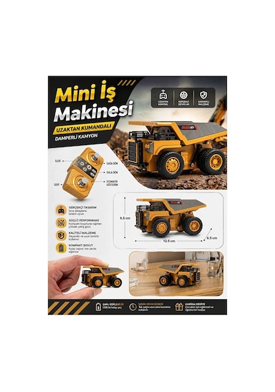 Şarjlı Mini Metal Kamyon 1:64 Ölçek Uzaktan Kumandalı Kamyon Metal 8 Kanallı Full Fonskiyonlu Sarı