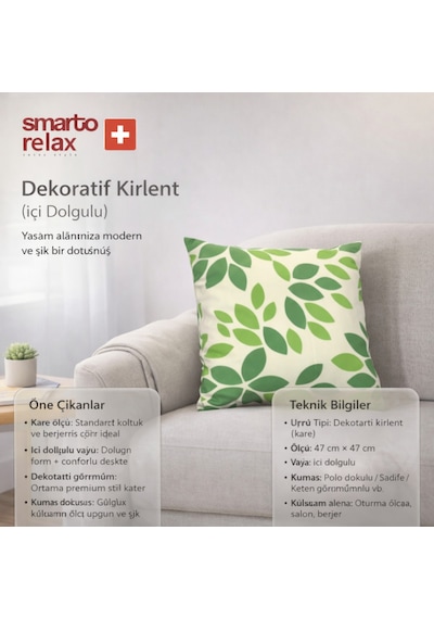 Smarto Relax Içi Dolgulu Kırlent 45x45 Cm Kare Salon & Berjer Kırlenti - Smr-kır-028 Beyaz - Yeşil