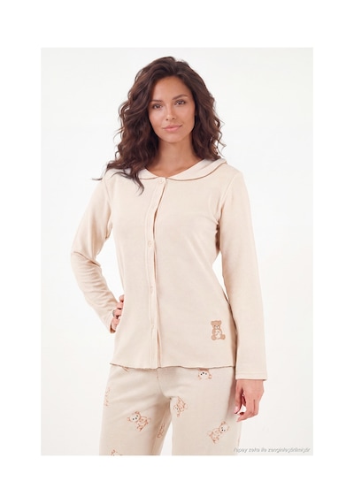 Lela Ayıcık Desenli Lastikli Bel Uzun Kollu Yumuşak Dokulu Pijama Takımı Kadın Pijama Takımı 6575023 Krem
