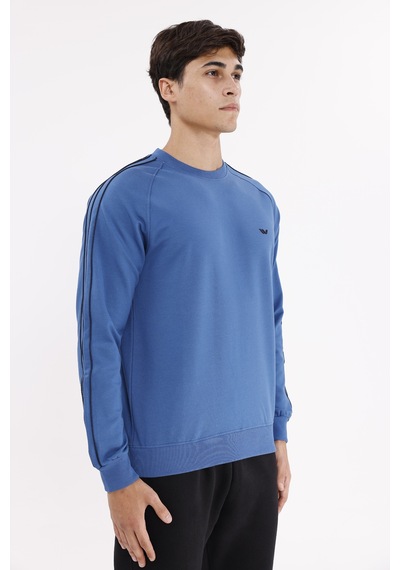 Rowinger Çift Şeritli Raglan Kol Minimal Logolu Bisiklet Yaka Sweatshirt İndigo