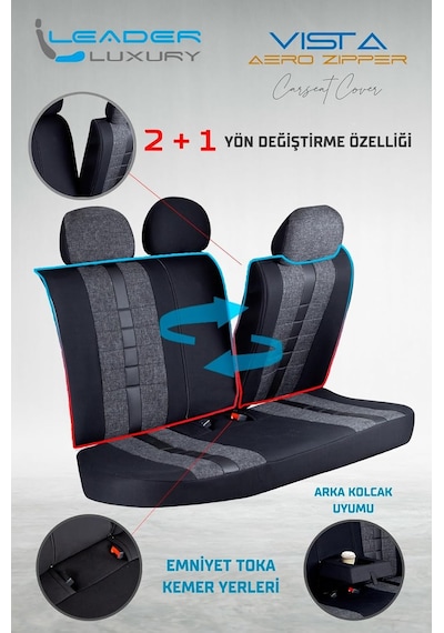 Renault Duster İle Uyumlu Lüx Deri Detaylı Keten Oto Koltuk Kılıfı Ön Arka Takım Vista Serisi Siyah