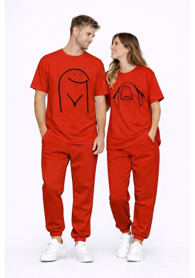 Sevgili Kombini Çift Tişört Oversize Unisex Matching Couple Minim Kırmızı