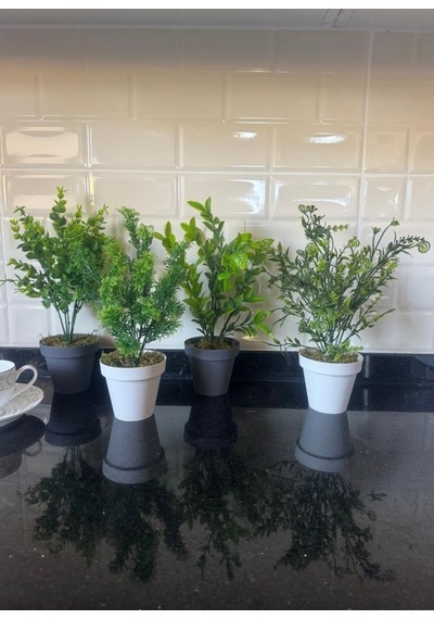 4lü Set Yapay Çiçek Mini Saksıda Yeşil Bitkiler 30cm