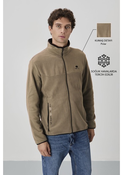 Tommy Life Camel Yazı Nakışlı Dik Yaka Fermuarlı Standart Kalıp Erkek Sweatshirt Polar - 87992 CAMEL