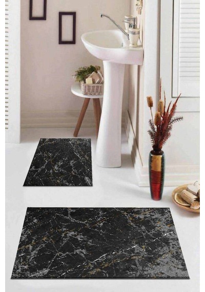 Füme Mermer Görünümlü Banyo Halısı Klozet Paspas Seti Bs015n11
