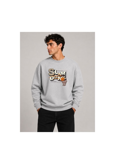 Herkesemoda Slam Dunk Baskı Detaylı Bisiklet Yaka Şardonlu 2 İplik Sweatshirt Gri