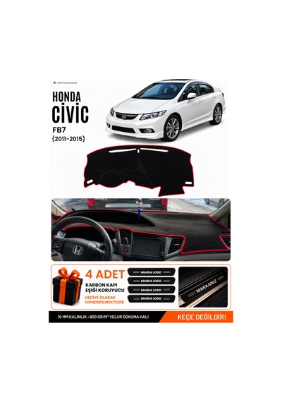 Honda Cıvıc Fb7 2011-2015 Uyumlu Torpido Örtüsü, Torpido Kılıfı - Siyah-kırmızı - Ho011