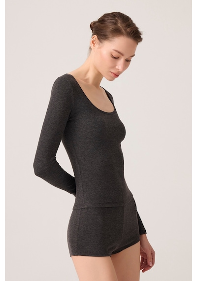 Los Ojos X Ece Antrasit Modal Kumaşlı Uzun Kollu Şortlu Pijama Takımı Ribbed Pj Antrasit Antrasit