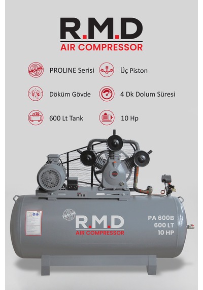 R.m.d Kompresör Pistonlu Hava Kompresörü 600 Lt 3 Kafa 8 Bar 10 Hp I Paı600b